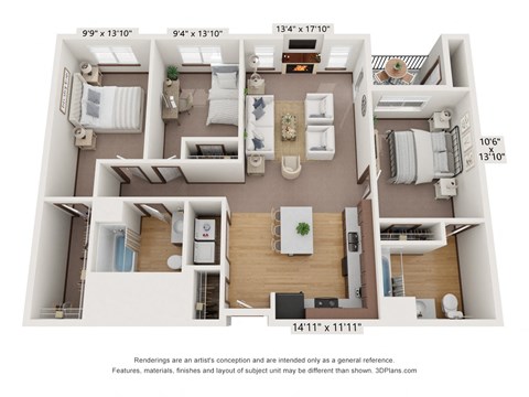 Floor plan for 3 beds, 2 baths, 1234 sqft